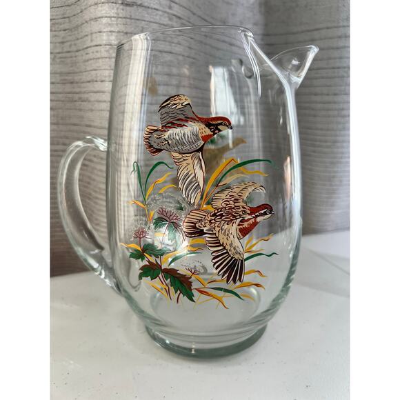 Vintage West Virginia Glass Hand Made Pitcher and 6 glasses hunting lodge birds - Picture 5 of 11